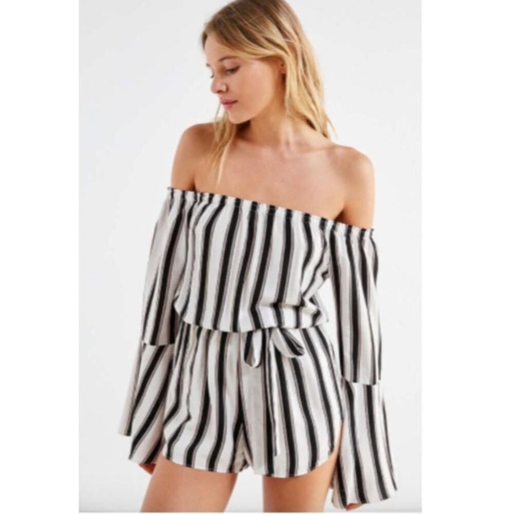 UO Silence + Noise White Striped Belted Romper